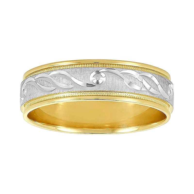 14K Gold Two-Tone Engraved Design Men's Wedding Band