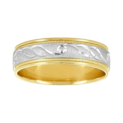 14K Gold Two-Tone Engraved Design Men's Wedding Band