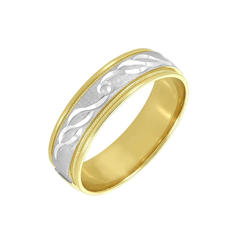 14K Gold Two-Tone Engraved Design Men's Wedding Band