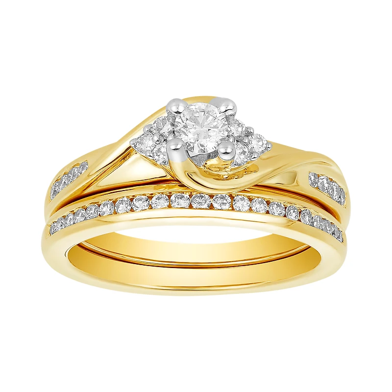 14K Two Tone Gold Round Diamond Swirl Wedding Set