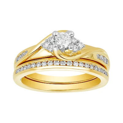 14K Two Tone Gold Round Diamond Swirl Wedding Set