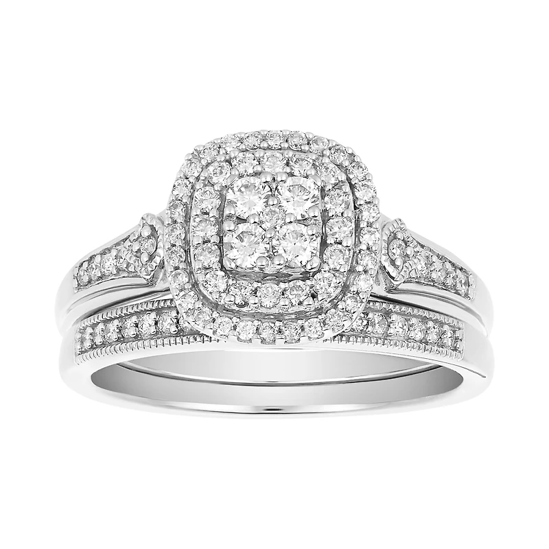 14K White Gold Cushion Double Halo Wedding Set