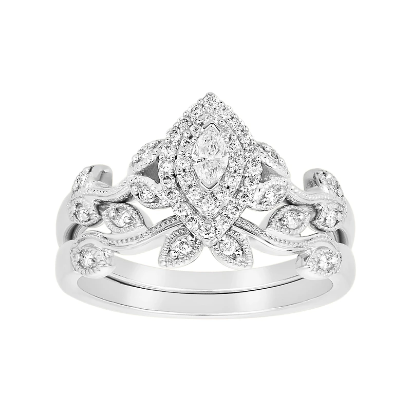 14K White Gold Marquise Shaped Floral Vine Design Wedding Set