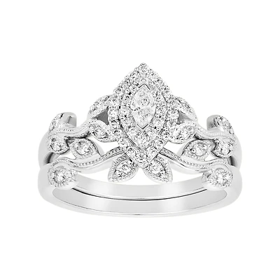 14K White Gold Marquise Shaped Floral Vine Design Wedding Set