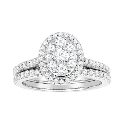 14K White Gold Oval Shape Halo Wedding Set