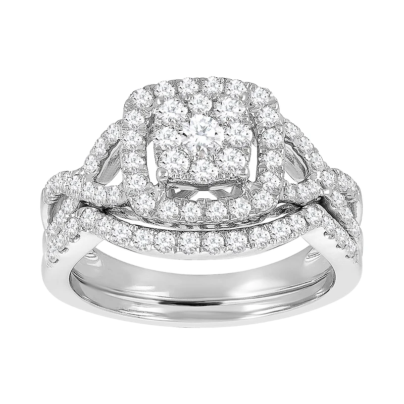 14K White Gold Cushion Cut with Halo and Twist Design Wedding Set