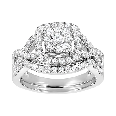 14K White Gold Cushion Cut with Halo and Twist Design Wedding Set