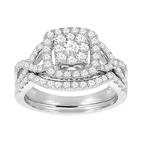 14K White Gold Cushion Cut with Halo and Twist Design Wedding Set