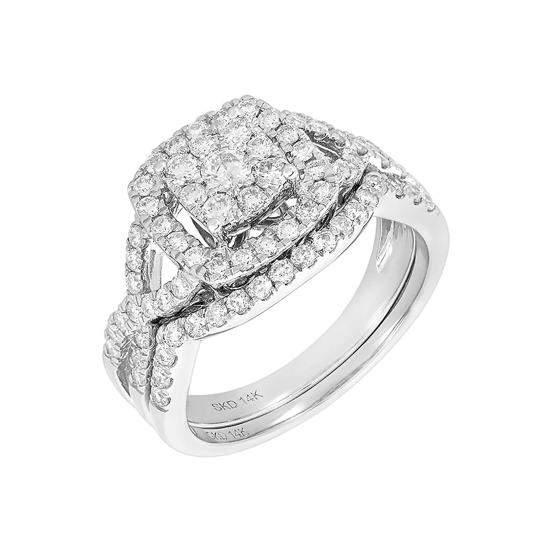 14K White Gold Cushion Cut with Halo and Twist Design Wedding Set