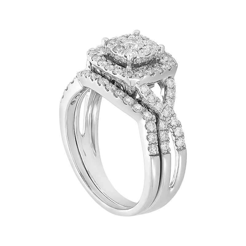 14K White Gold Cushion Cut with Halo and Twist Design Wedding Set