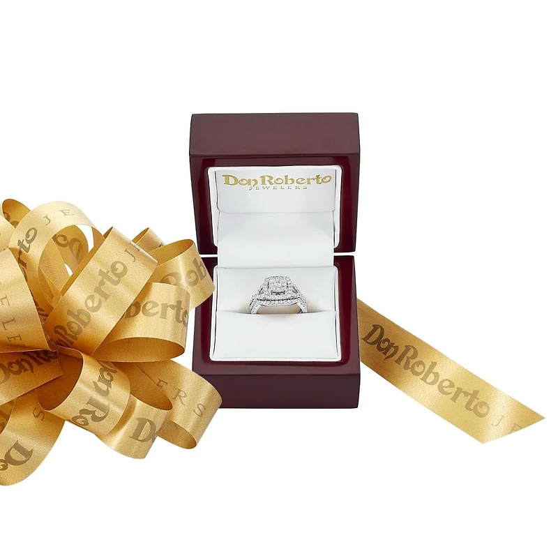 14K White Gold Cushion Cut with Halo and Twist Design Wedding Set