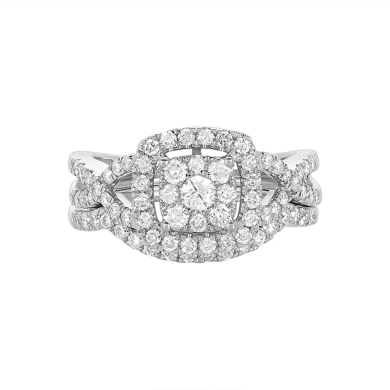 14K White Gold Cushion Cut with Halo and Twist Design Wedding Set