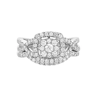 14K White Gold Cushion Cut with Halo and Twist Design Wedding Set