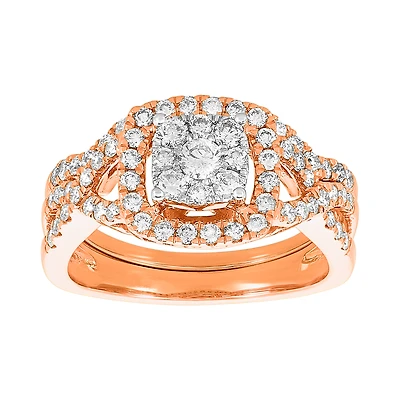 14K Rose Gold 1Ctw Cushion Halo Twist Wedding Set