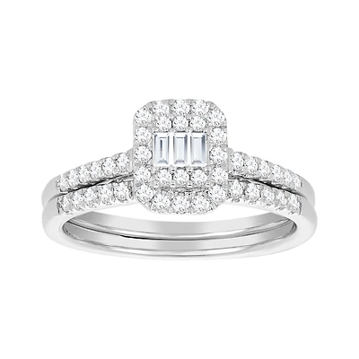 14K White Gold Emerald Shaped Halo Wedding Set