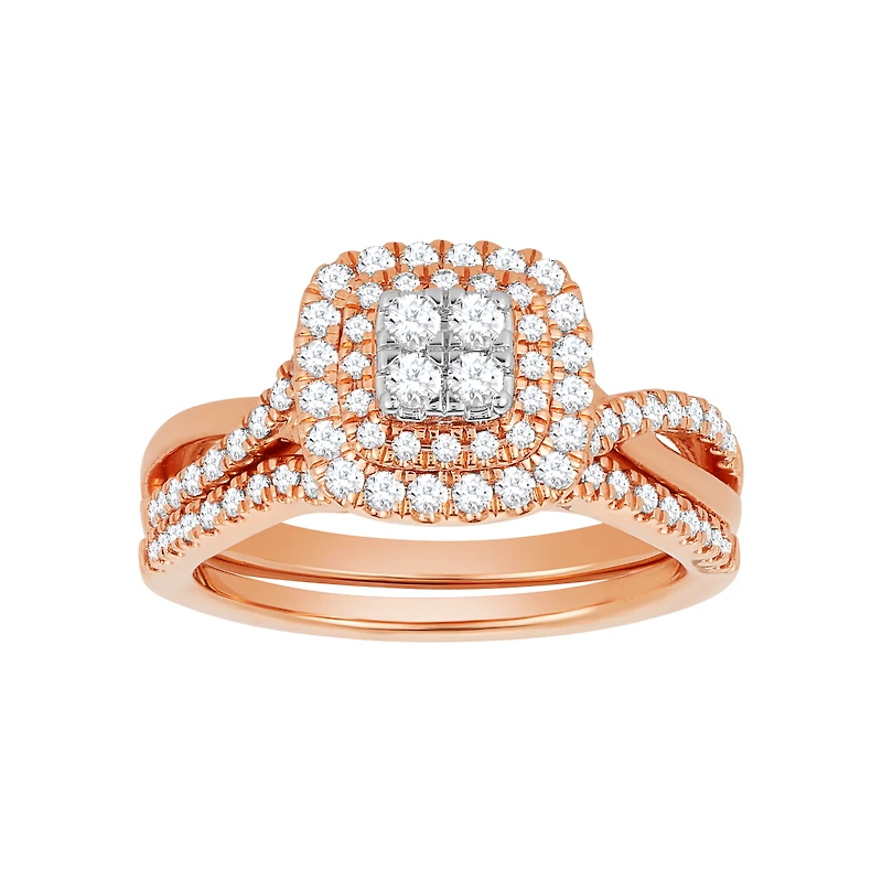 14K Rose Gold Quad Center with Double Halo Twist Wedding Set
