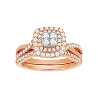 14K Rose Gold Quad Center with Double Halo Twist Wedding Set