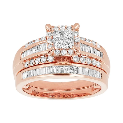14K Rose Gold Quad Princess Cut And Baguette Wedding Set