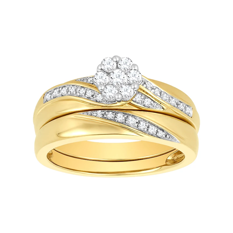 14K Two Tone Gold Flower Cluster Diamond Wedding Trio