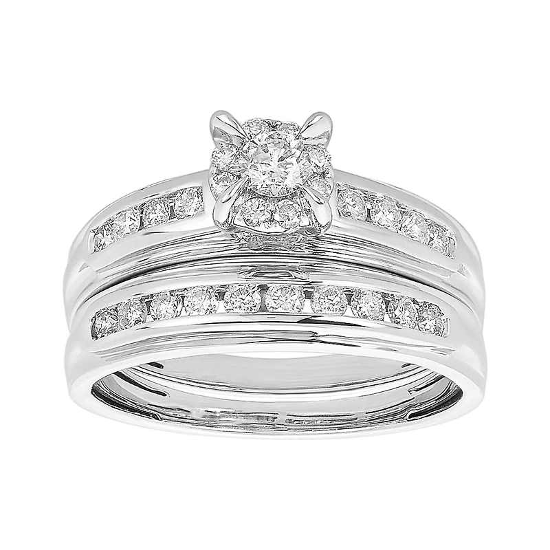 14K White Gold Round Cut Cluster Diamond Wedding Trio