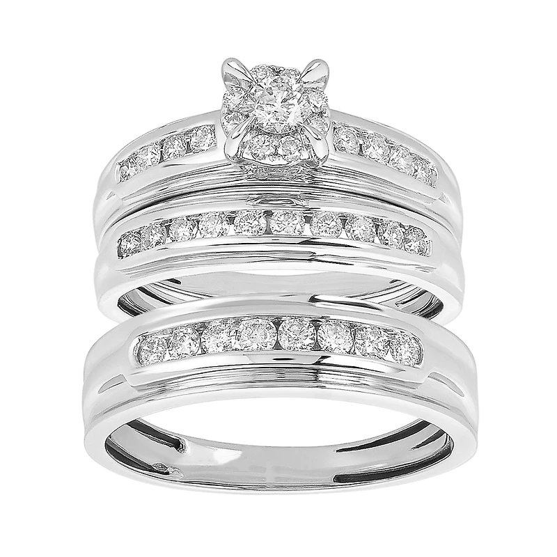 14K White Gold Round Cut Cluster Diamond Wedding Trio
