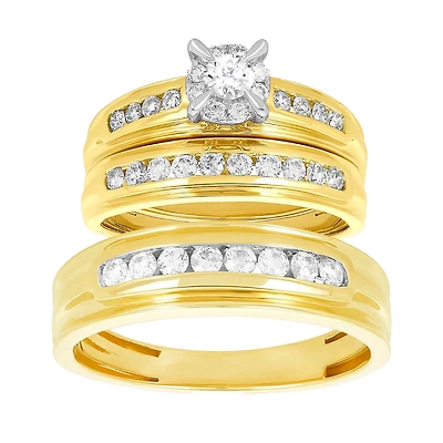 14K Yellow Gold Round Cut Cluster Diamond Wedding Trio