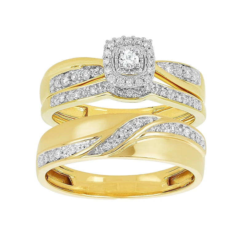 14K Gold Two-Tone Cushion Halo Diamond Wedding Trio