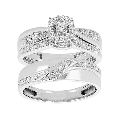 14K White Gold Cushion Halo Diamond Wedding Trio