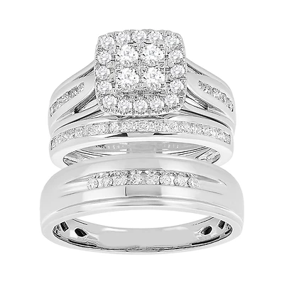 14K White Gold Princess Halo Cluster Diamond Wedding Trio