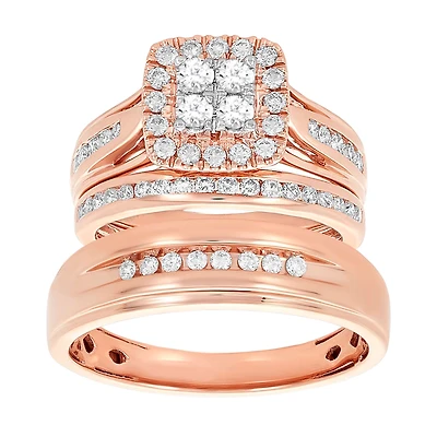 14K Rose Gold Princess Halo Cluster 1 Ctw Diamond Wedding Trio