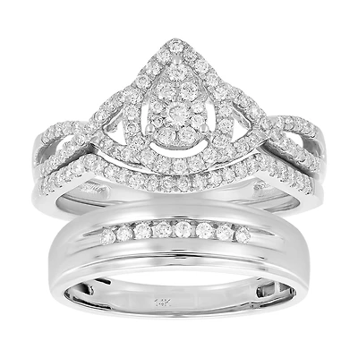 14K White Gold Pear Shaped Diamond Wedding Trio