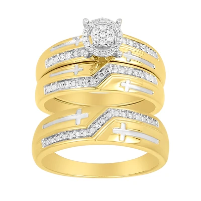 14K Two Tone Gold Round Head With Cross Design Diamond Wedding Trio