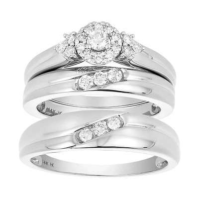 14K White Gold Round Halo 1/2 Ctw Diamond Wedding Trio