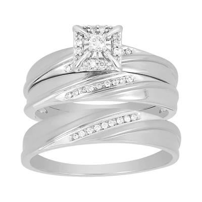 14K White Gold Square Head Diamond Wedding Trio