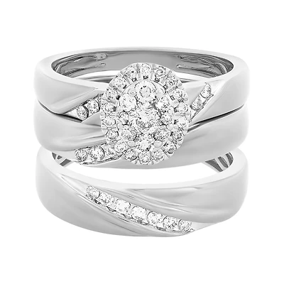 14K Gold Oval Cluster Diamond Wedding Trio