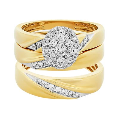14K Yellow Gold Oval Cluster Diamond Wedding Trio