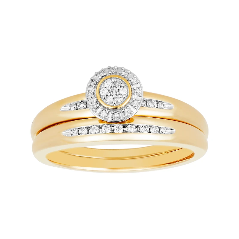 14K Two Tone Gold Halo Diamond Wedding Trio