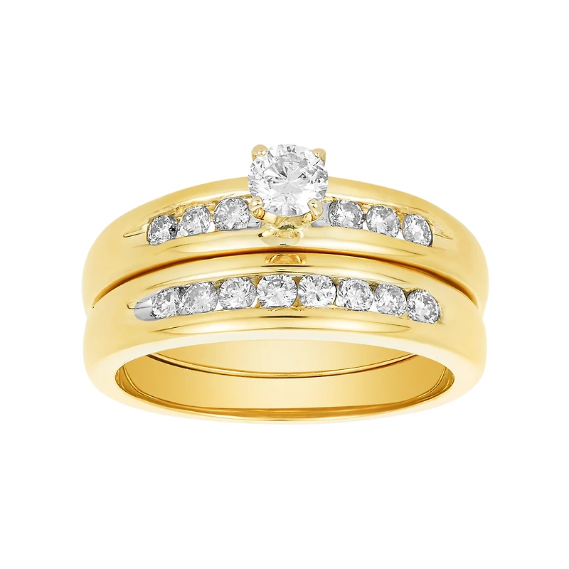 18K Yellow Gold Round Center Channel Setting Diamond Wedding Trio