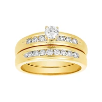 18K Yellow Gold Round Center Channel Setting Diamond Wedding Trio
