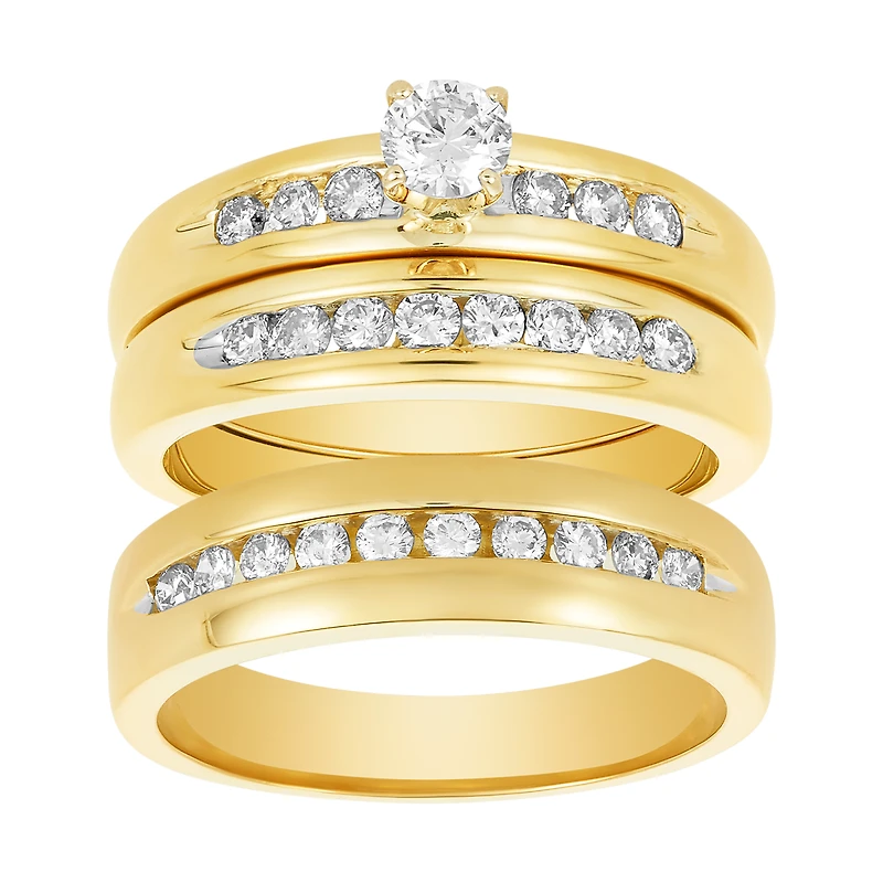 18K Yellow Gold Round Center Channel Setting Diamond Wedding Trio