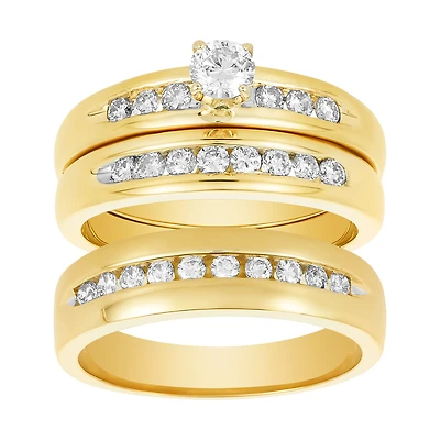 18K Yellow Gold Round Center Channel Setting Diamond Wedding Trio