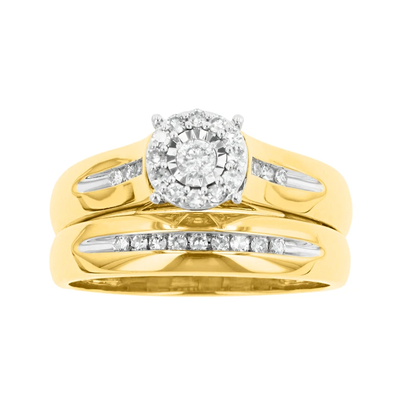 14K Yellow Gold Round Diamond Wedding Trio