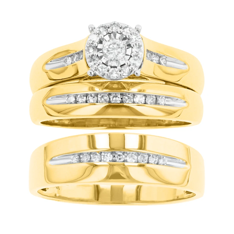14K Yellow Gold Round Diamond Wedding Trio