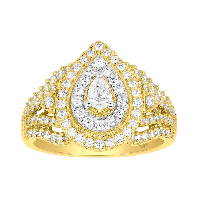 14K Yellow Gold Pear Shaped Double Halo Diamond Ring