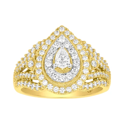 14K Yellow Gold Pear Shaped Double Halo Diamond Ring