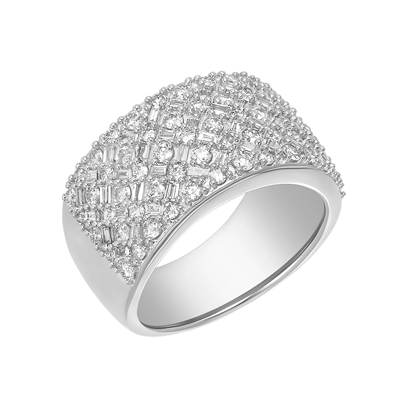 14K White Gold Round and Baguette Pattern Wide Ring