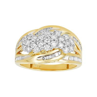 14K Yellow Gold Three Flower Cluster Design Diamond Ring