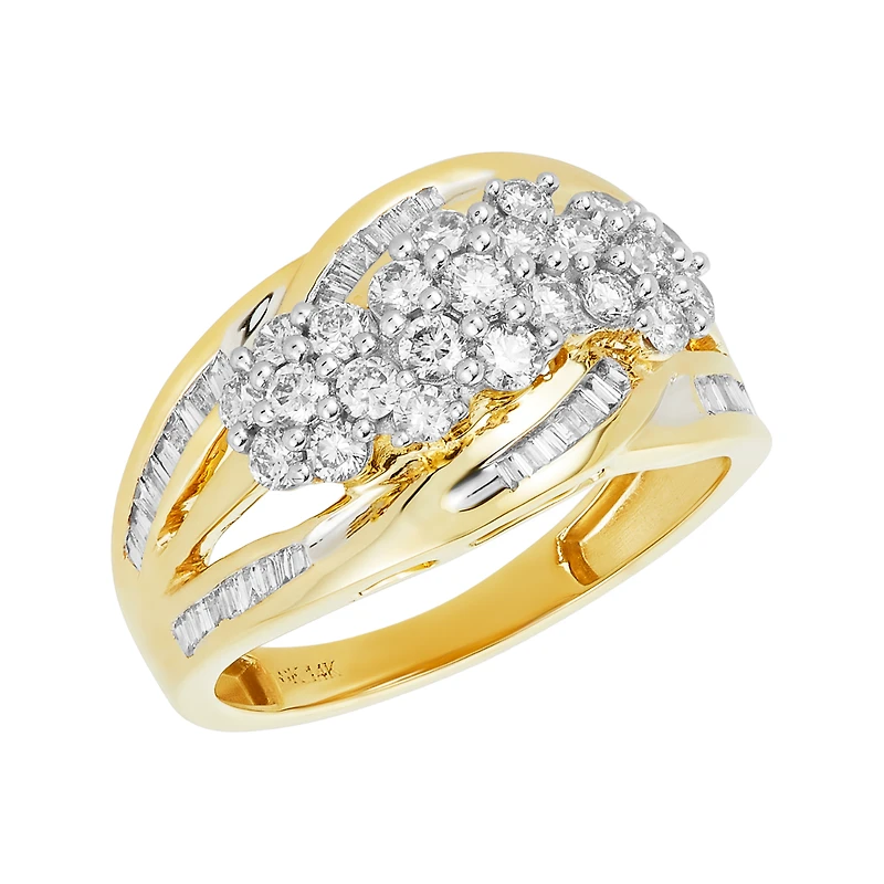 14K Yellow Gold Three Flower Cluster Design Diamond Ring