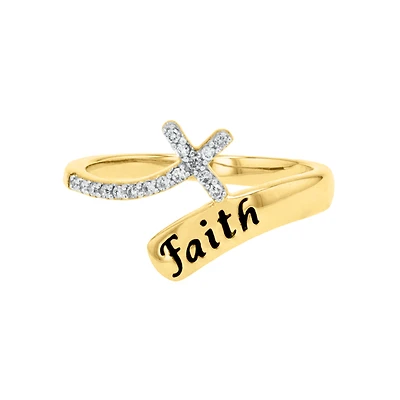 14K Yellow Gold Cross And "Faith" Bypass Diamond Band