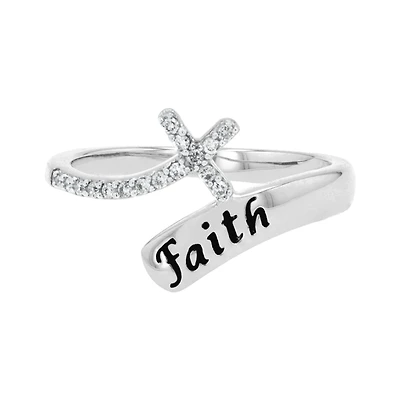 14K White Gold Cross And "Faith" Bypass Diamond Band